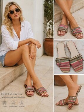 BCBGeneration Striped Woven Buckle Slide Sandals in Pink, Green and Tan